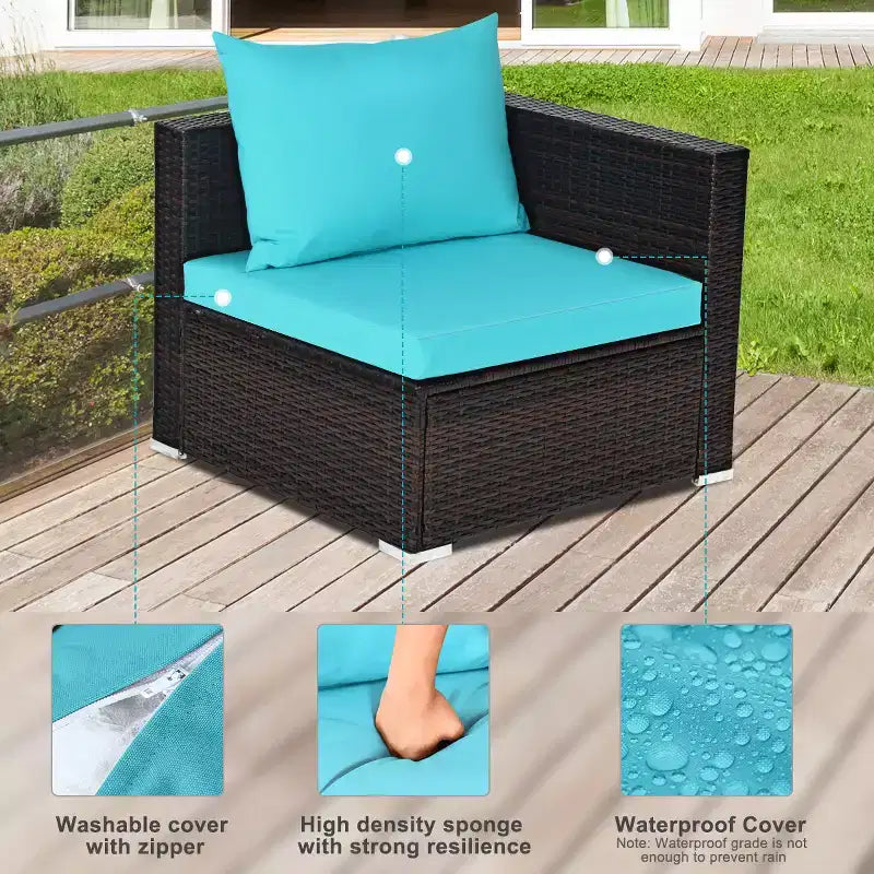 Ensemble de 5 meubles de patio en rotin, canapé sectionnel de conversation avec table basse rouge/bleu marine