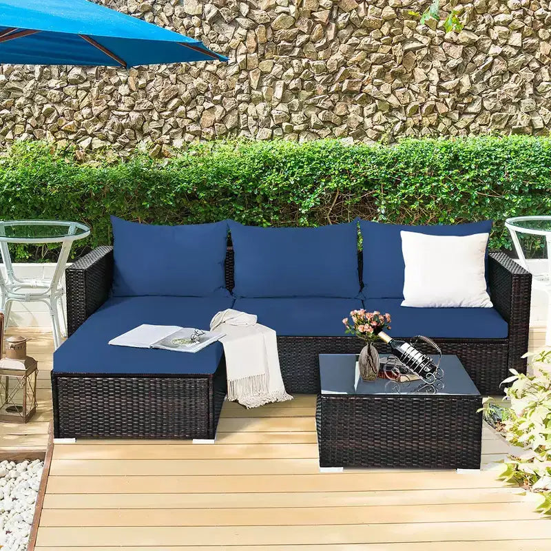 Ensemble de 5 meubles de patio en rotin, canapé sectionnel de conversation avec table basse rouge/bleu marine