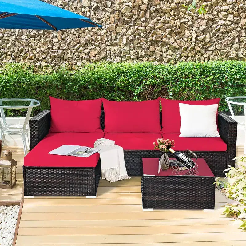 Ensemble de 5 meubles de patio en rotin, canapé sectionnel de conversation avec table basse rouge/bleu marine
