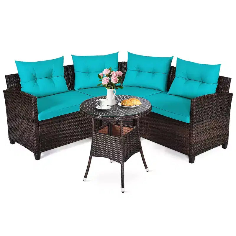 Costway Ensemble de Meubles de Jardin 4 pièces en Rotin Canapé Table Coussins Turquoise\Noir\Bleu marine\Rouge