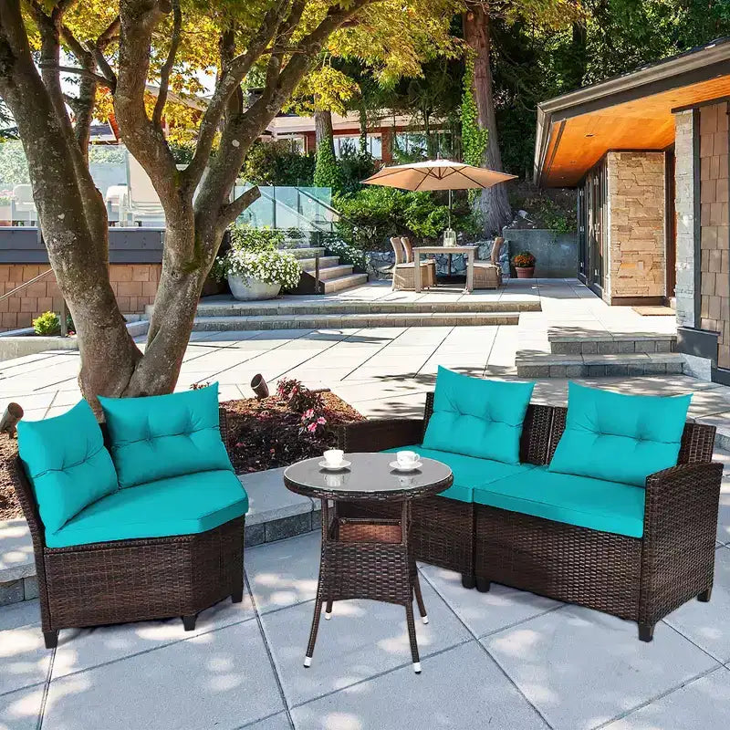 Costway Ensemble de Meubles de Jardin 4 pièces en Rotin Canapé Table Coussins Turquoise\Noir\Bleu marine\Rouge