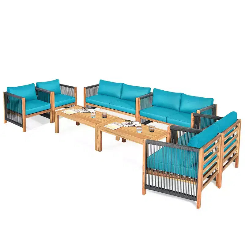 Ensemble de mobilier de jardin 8 pièces Costway avec coussins, accoudoirs en corde, blanc/turquoise/rouge