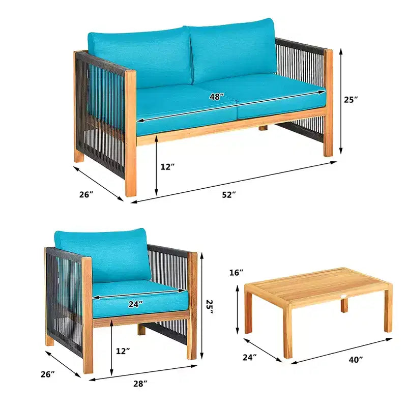 Ensemble de mobilier de jardin 8 pièces Costway avec coussins, accoudoirs en corde, blanc/turquoise/rouge