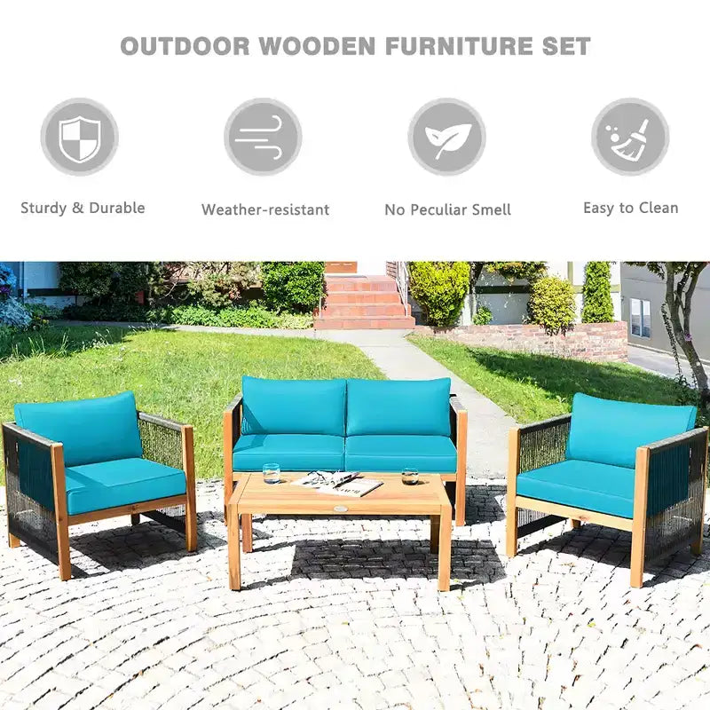 Ensemble de mobilier de jardin 8 pièces Costway avec coussins, accoudoirs en corde, blanc/turquoise/rouge