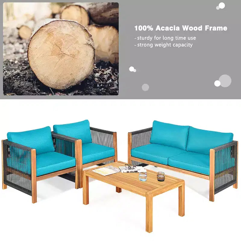 Ensemble de mobilier de jardin 8 pièces Costway avec coussins, accoudoirs en corde, blanc/turquoise/rouge