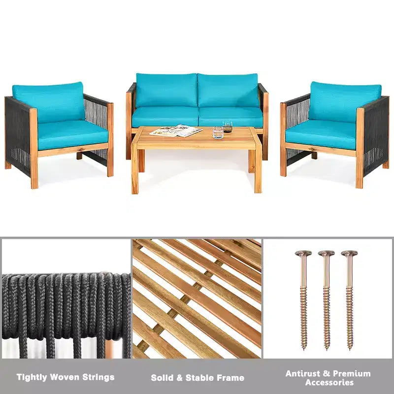 Ensemble de mobilier de jardin 8 pièces Costway avec coussins, accoudoirs en corde, blanc/turquoise/rouge