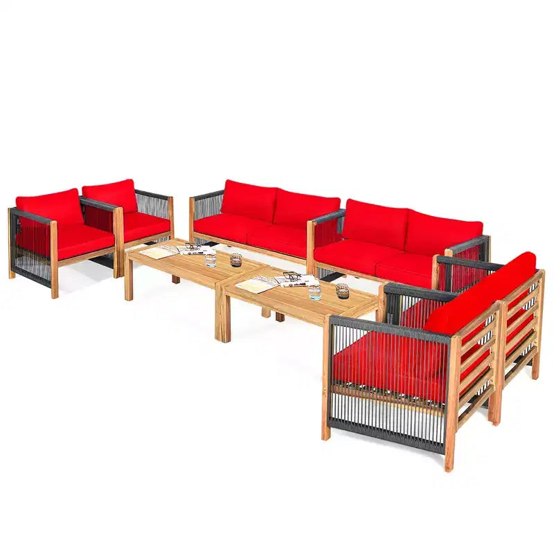 Ensemble de mobilier de jardin 8 pièces Costway avec coussins, accoudoirs en corde, blanc/turquoise/rouge