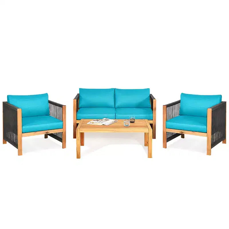 Ensemble de mobilier de jardin 8 pièces Costway avec coussins, accoudoirs en corde, blanc/turquoise/rouge
