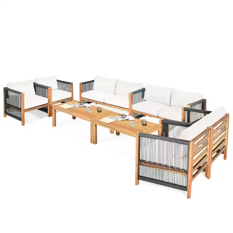 Ensemble de mobilier de jardin 8 pièces Costway avec coussins, accoudoirs en corde, blanc/turquoise/rouge