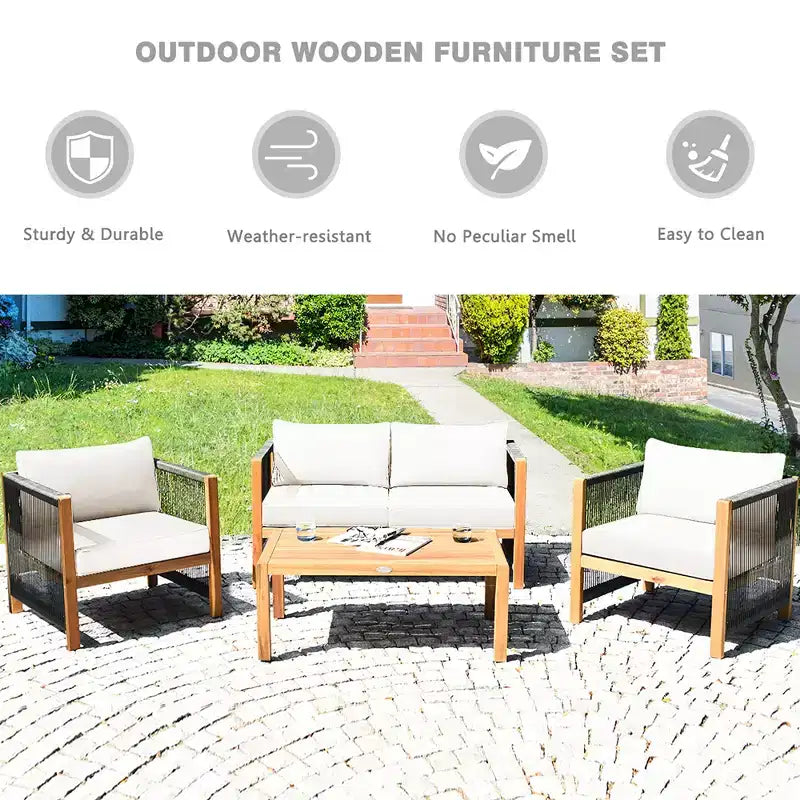 Ensemble de mobilier de jardin 8 pièces Costway avec coussins, accoudoirs en corde, blanc/turquoise/rouge