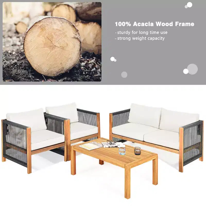 Ensemble de mobilier de jardin 8 pièces Costway avec coussins, accoudoirs en corde, blanc/turquoise/rouge