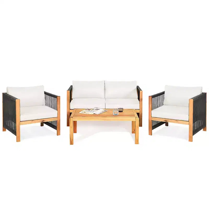 Ensemble de mobilier de jardin 8 pièces Costway avec coussins, accoudoirs en corde, blanc/turquoise/rouge