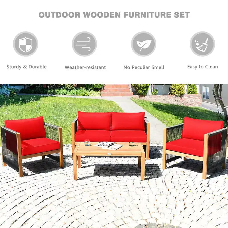 Ensemble de mobilier de jardin 8 pièces Costway avec coussins, accoudoirs en corde, blanc/turquoise/rouge