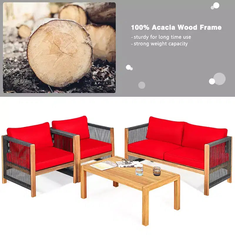 Ensemble de mobilier de jardin 8 pièces Costway avec coussins, accoudoirs en corde, blanc/turquoise/rouge
