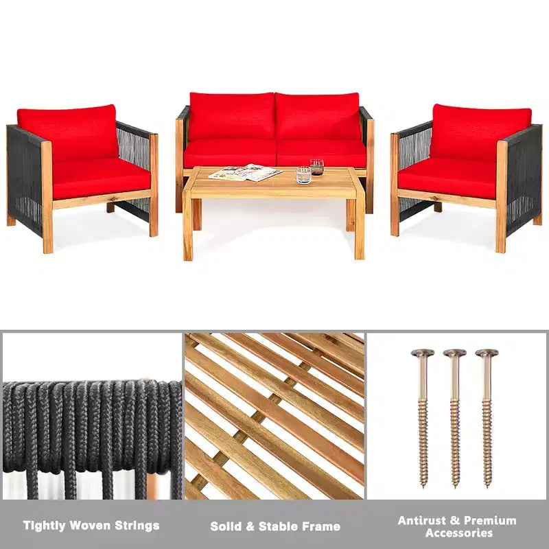 Ensemble de mobilier de jardin 8 pièces Costway avec coussins, accoudoirs en corde, blanc/turquoise/rouge