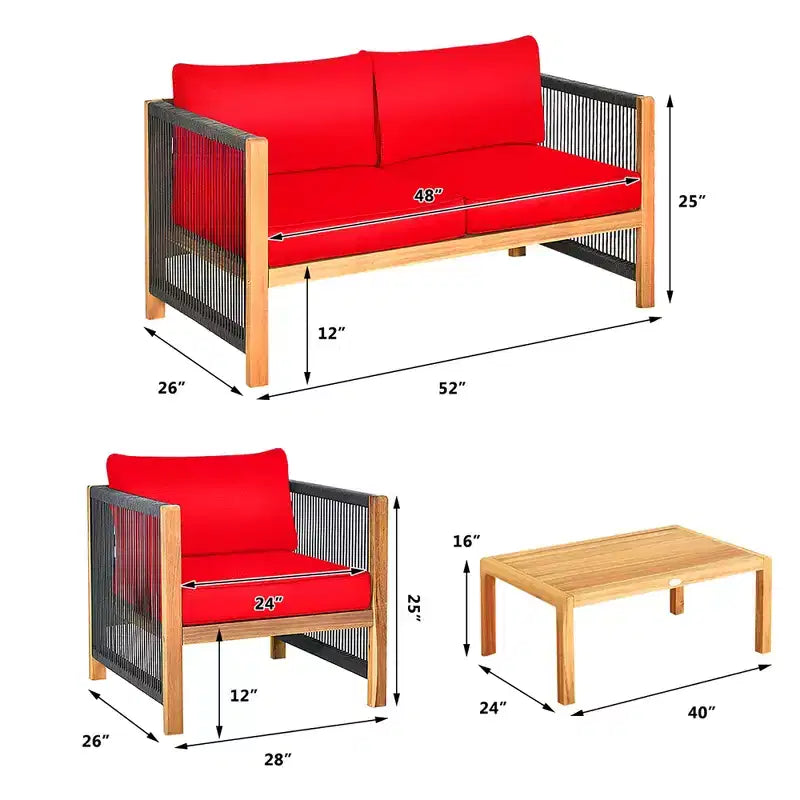 Ensemble de mobilier de jardin 8 pièces Costway avec coussins, accoudoirs en corde, blanc/turquoise/rouge