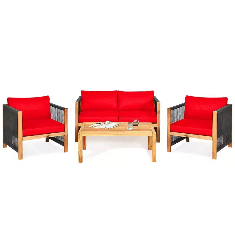 Ensemble de mobilier de jardin 8 pièces Costway avec coussins, accoudoirs en corde, blanc/turquoise/rouge
