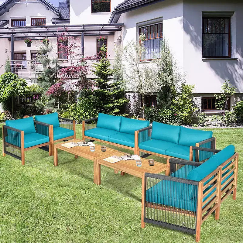 Ensemble de mobilier de jardin 8 pièces Costway avec coussins, accoudoirs en corde, blanc/turquoise/rouge