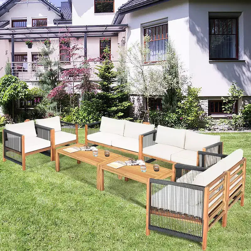 Ensemble de mobilier de jardin 8 pièces Costway avec coussins, accoudoirs en corde, blanc/turquoise/rouge