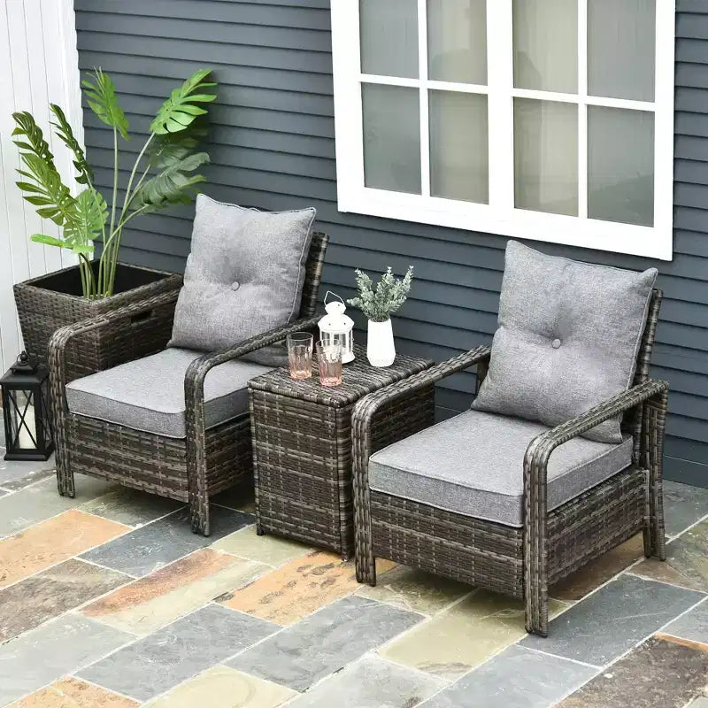 Ensemble de mobilier de jardin 3 pièces Outsunny, table de rangement et chaises en rotin PE avec coussins capitonnés