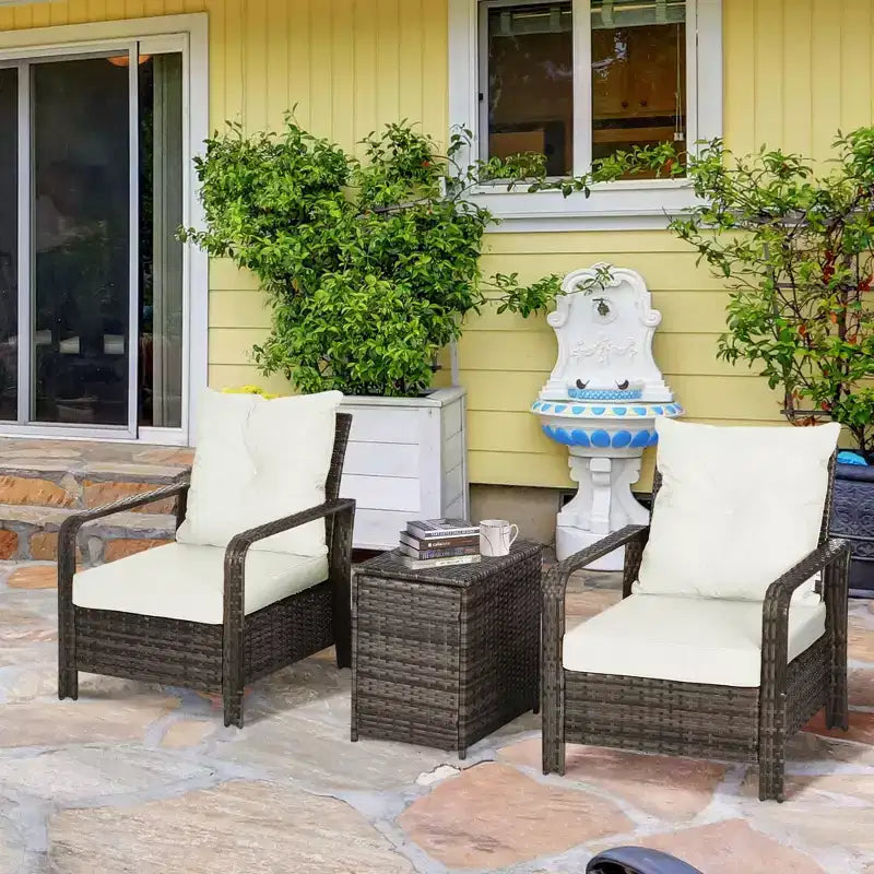 Ensemble de mobilier de jardin 3 pièces Outsunny, table de rangement et chaises en rotin PE avec coussins capitonnés