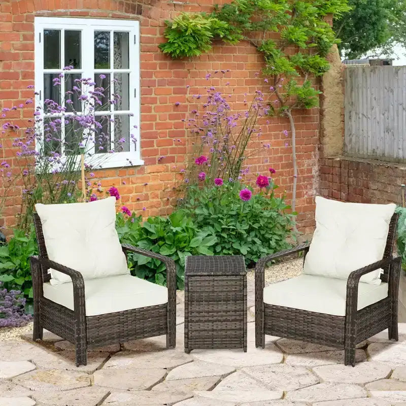 Ensemble de mobilier de jardin 3 pièces Outsunny, table de rangement et chaises en rotin PE avec coussins capitonnés