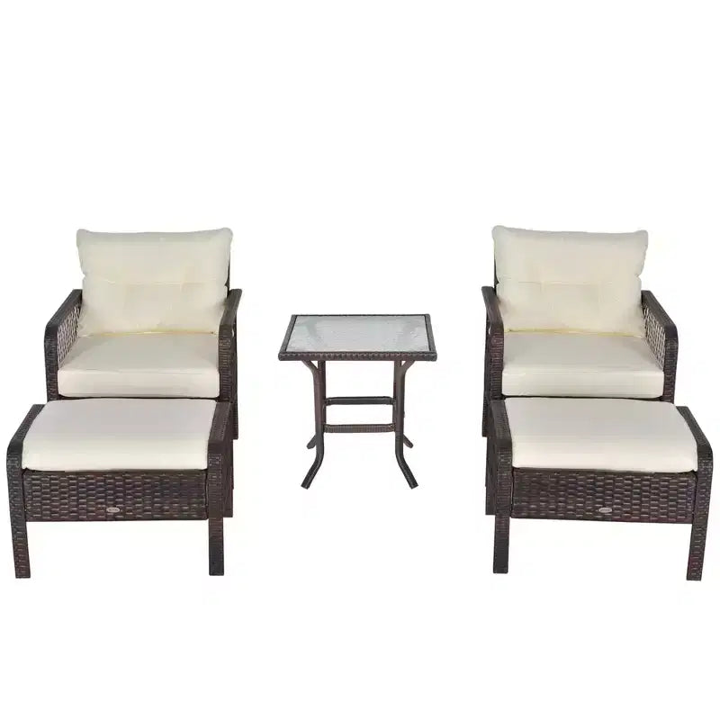 Ensemble de 5 fauteuils de patio en osier Outsunny avec pouf, mobilier d'extérieur en rotin synthétique avec coussins zippés confortables et fabrication résistante aux intempéries