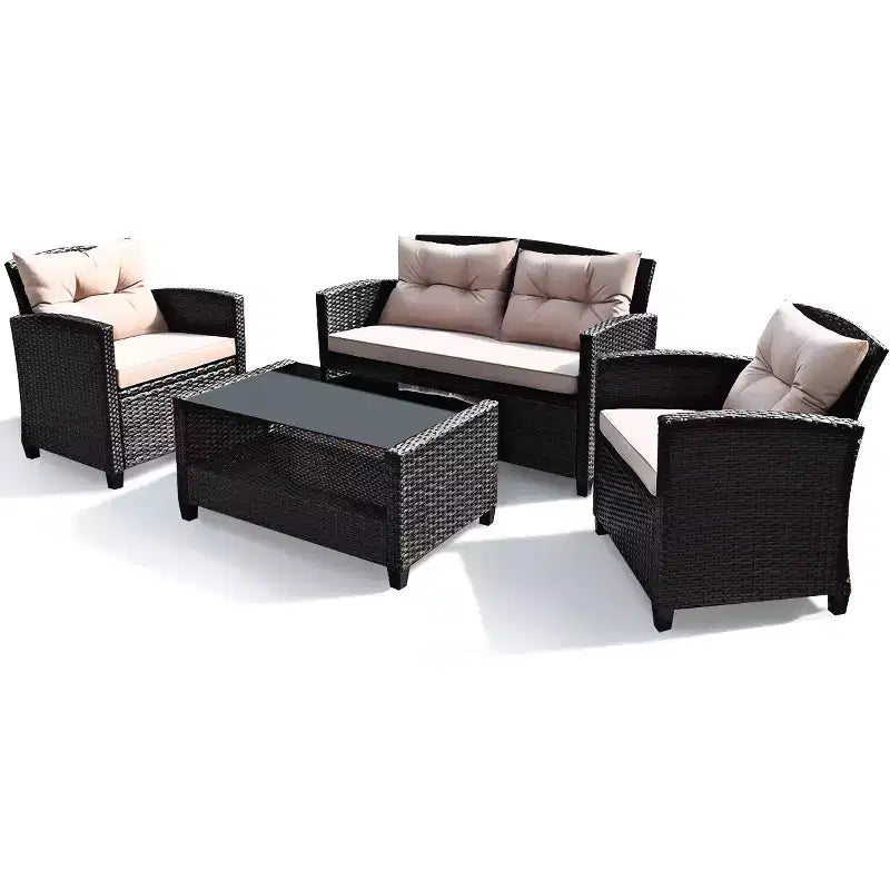 Costway Ensemble de Meubles de Jardin en Rotin 4 pièces, Canapé Rembourré et Table avec Accoudoirs