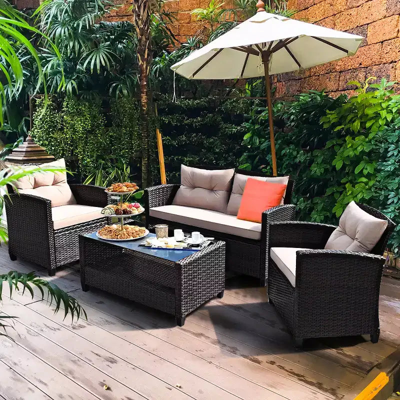 Costway Ensemble de Meubles de Jardin en Rotin 4 pièces, Canapé Rembourré et Table avec Accoudoirs