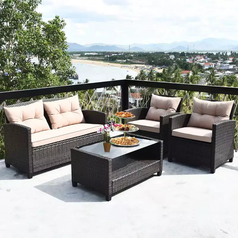 Costway Ensemble de Meubles de Jardin en Rotin 4 pièces, Canapé Rembourré et Table avec Accoudoirs