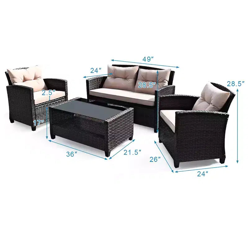 Costway Ensemble de Meubles de Jardin en Rotin 4 pièces, Canapé Rembourré et Table avec Accoudoirs