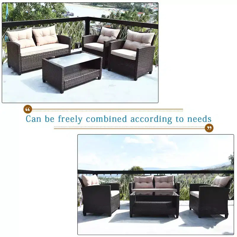Costway Ensemble de Meubles de Jardin en Rotin 4 pièces, Canapé Rembourré et Table avec Accoudoirs
