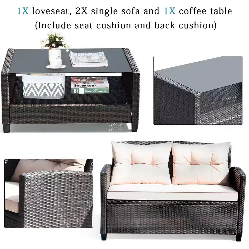 Costway Ensemble de Meubles de Jardin en Rotin 4 pièces, Canapé Rembourré et Table avec Accoudoirs