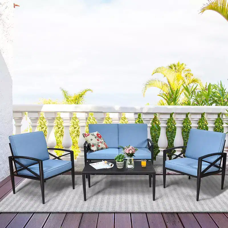 Costway Ensemble de mobilier de jardin 8 pièces, cadre en aluminium, canapé rembourré, chaise, table basse, bleu