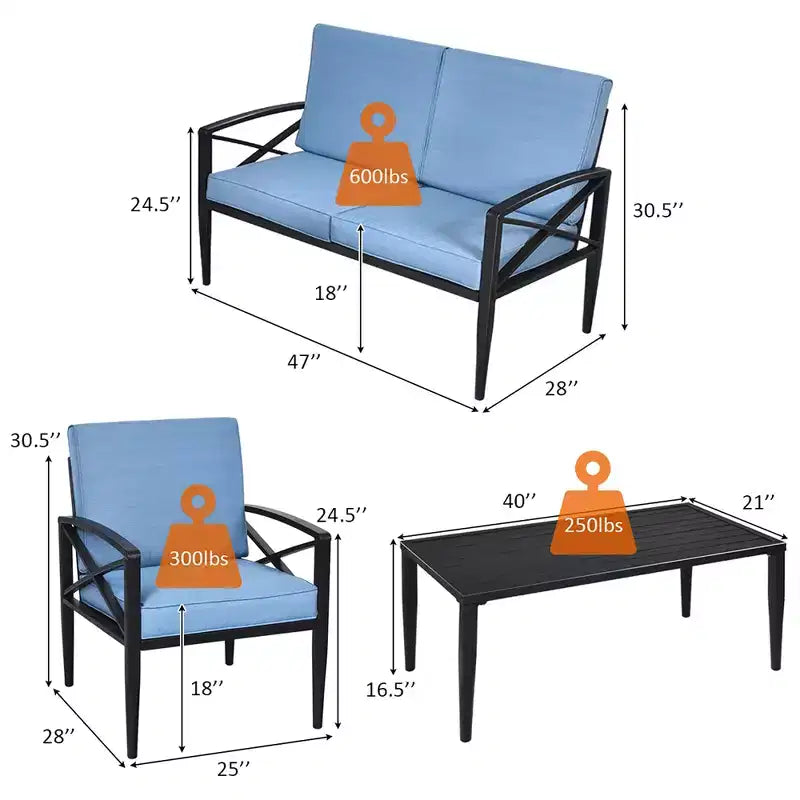 Costway Ensemble de mobilier de jardin 8 pièces, cadre en aluminium, canapé rembourré, chaise, table basse, bleu