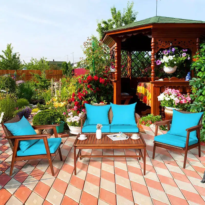 Costway Ensemble de Meubles de Jardin 8 Pièces en Rotin Cadre en Bois d'Acacia Canapé-Fauteuil Rembourré Turquoise