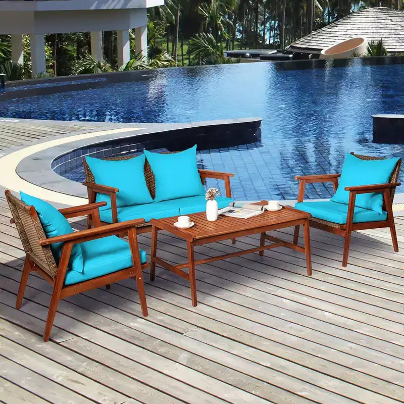 Costway Ensemble de Meubles de Jardin 8 Pièces en Rotin Cadre en Bois d'Acacia Canapé-Fauteuil Rembourré Turquoise