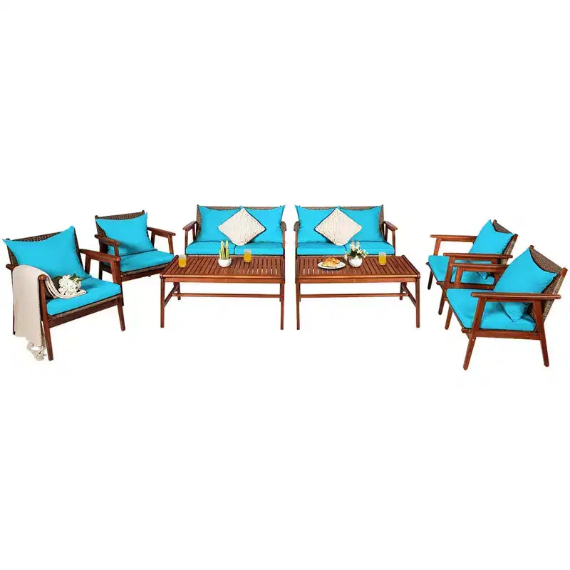Costway Ensemble de Meubles de Jardin 8 Pièces en Rotin Cadre en Bois d'Acacia Canapé-Fauteuil Rembourré Turquoise