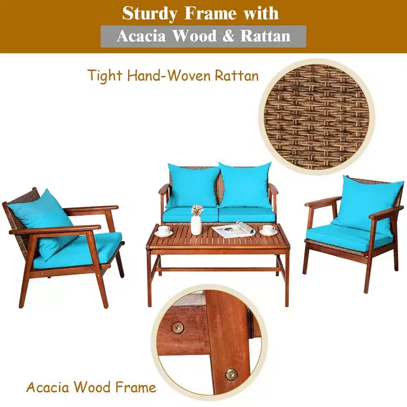 Costway Ensemble de Meubles de Jardin 8 Pièces en Rotin Cadre en Bois d'Acacia Canapé-Fauteuil Rembourré Turquoise