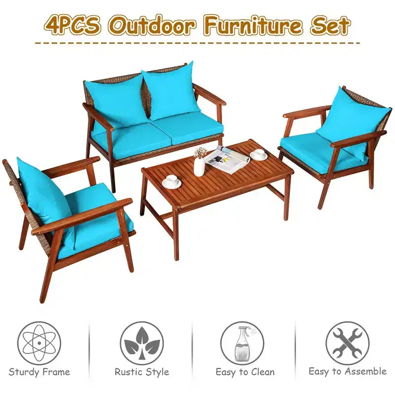 Costway Ensemble de Meubles de Jardin 8 Pièces en Rotin Cadre en Bois d'Acacia Canapé-Fauteuil Rembourré Turquoise