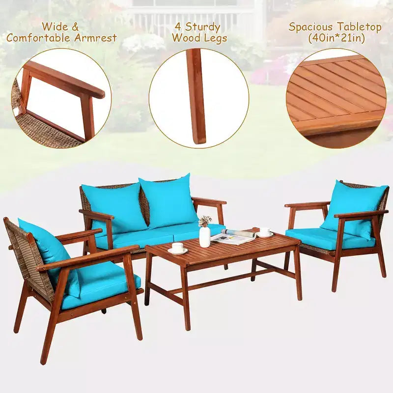 Costway Ensemble de Meubles de Jardin 8 Pièces en Rotin Cadre en Bois d'Acacia Canapé-Fauteuil Rembourré Turquoise