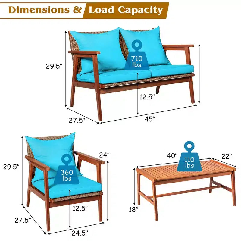 Costway Ensemble de Meubles de Jardin 8 Pièces en Rotin Cadre en Bois d'Acacia Canapé-Fauteuil Rembourré Turquoise