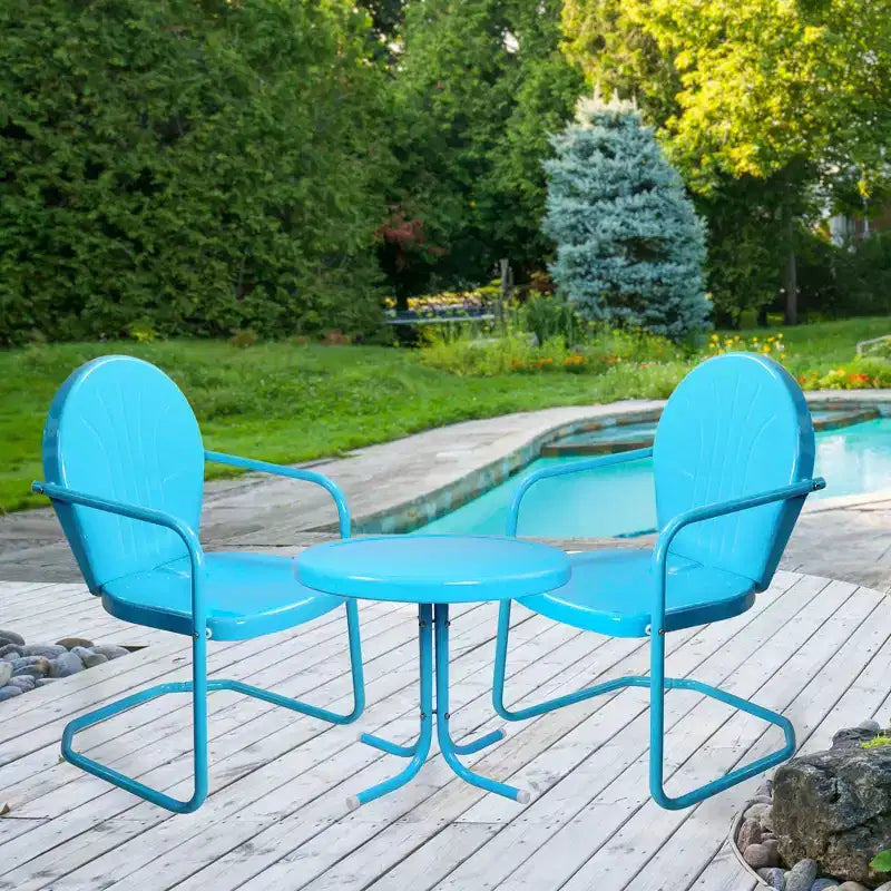 Ensemble d'extérieur Northlight 3 pièces composé de chaises et d'une table d'appoint rétro en métal motif tulipe, bleu ciel