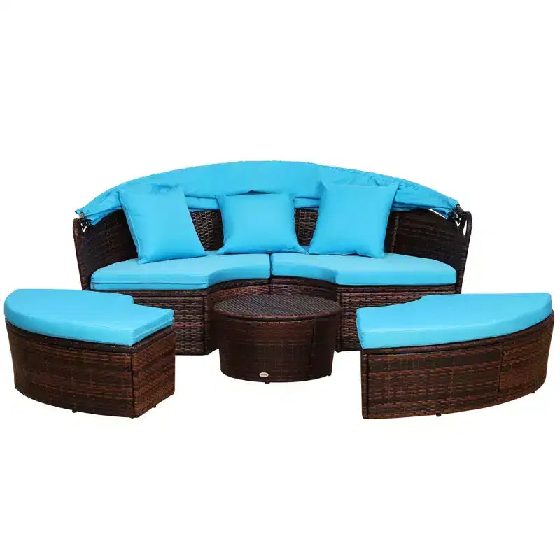 Lit de repos rond Outsunny, ensemble de canapé conversationnel ou de lit de soleil d'extérieur en rotin et osier rembourré de 4 pièces avec auvent
