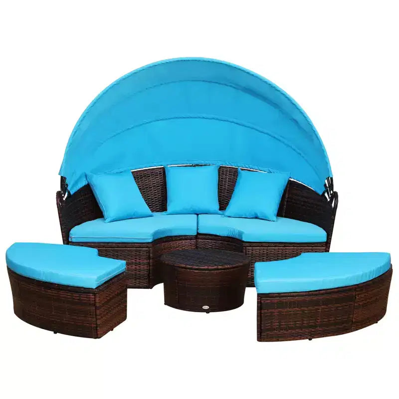 Lit de repos rond Outsunny, ensemble de canapé conversationnel ou de lit de soleil d'extérieur en rotin et osier rembourré de 4 pièces avec auvent