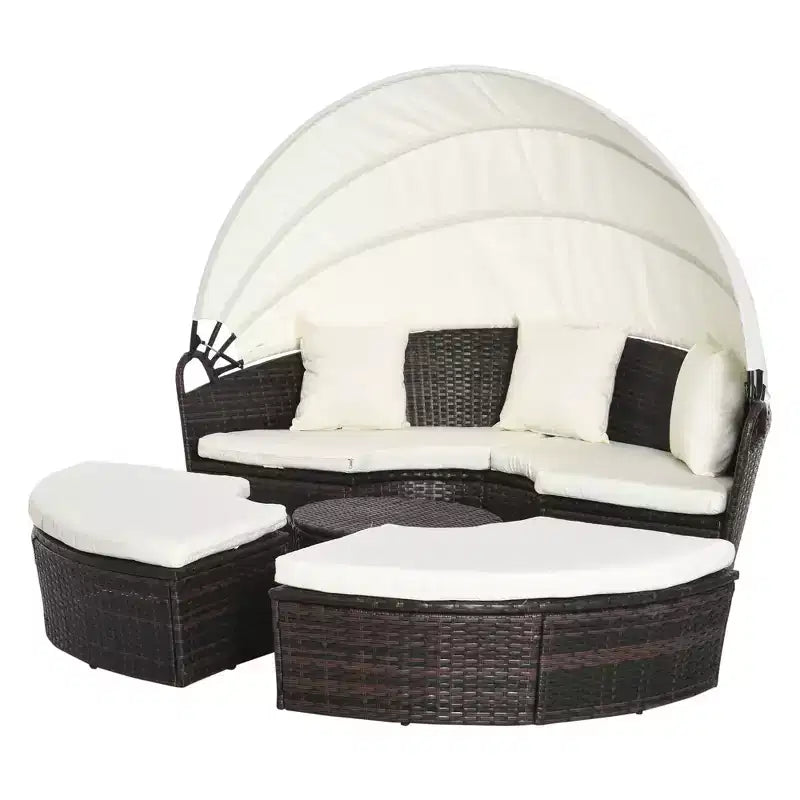 Lit de repos rond Outsunny, ensemble de canapé conversationnel ou de lit de soleil d'extérieur en rotin et osier rembourré de 4 pièces avec auvent