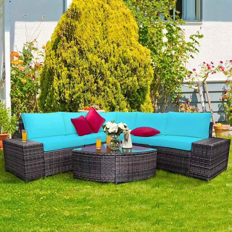 Costway Ensemble de Meubles de Jardin 6 pièces en Rotin, Canapé Coussins Accoudoirs, Turquoise\Blanc
