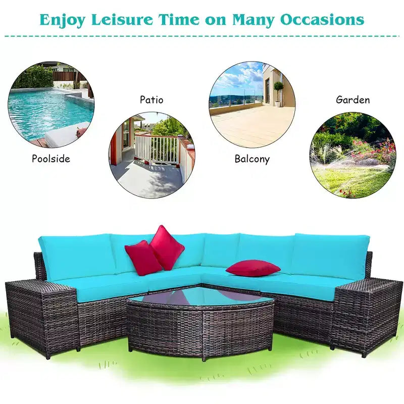 Costway Ensemble de Meubles de Jardin 6 pièces en Rotin, Canapé Coussins Accoudoirs, Turquoise\Blanc