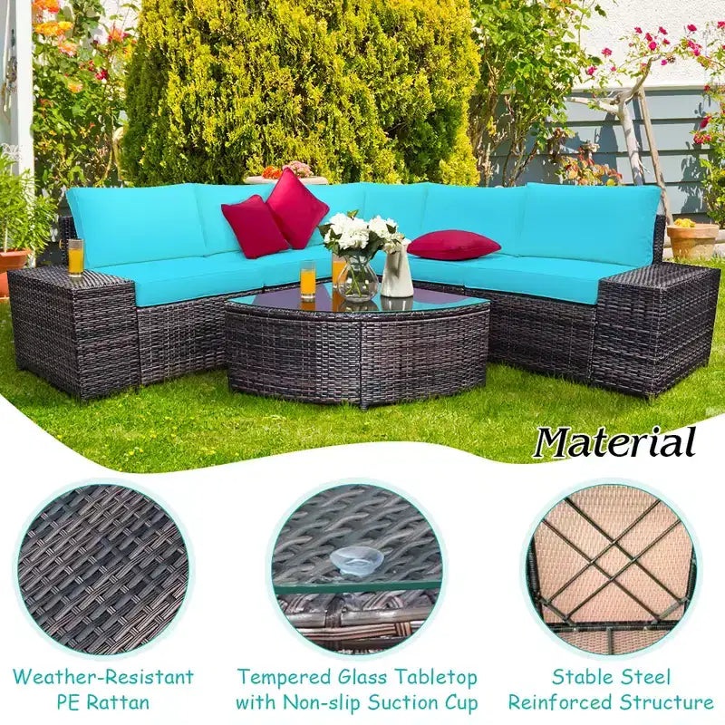 Costway Ensemble de Meubles de Jardin 6 pièces en Rotin, Canapé Coussins Accoudoirs, Turquoise\Blanc