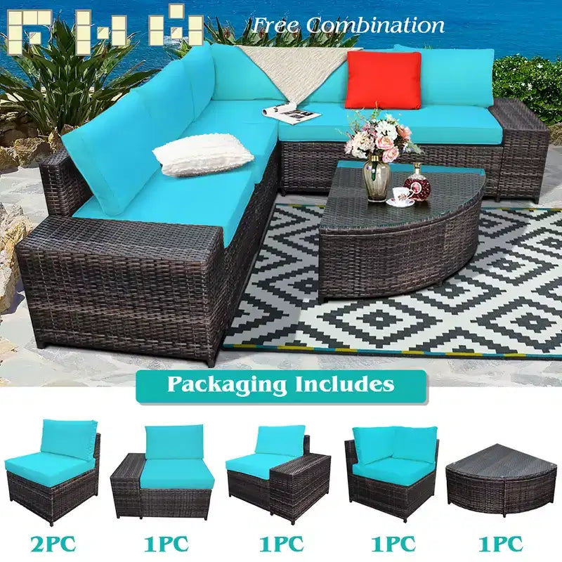 Costway Ensemble de Meubles de Jardin 6 pièces en Rotin, Canapé Coussins Accoudoirs, Turquoise\Blanc